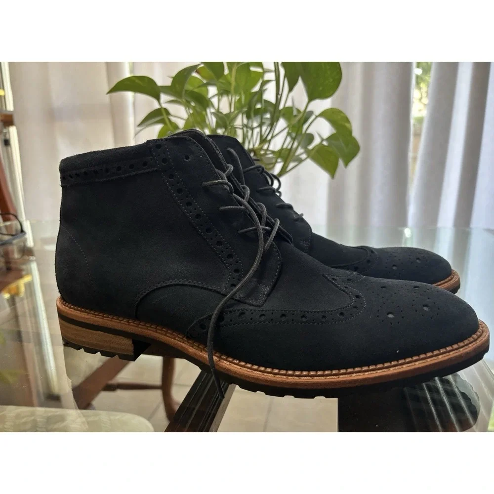 ECCO Men's Suede Wingtip Ankle Boots Black EU 45 US 11-11.5 Brogue